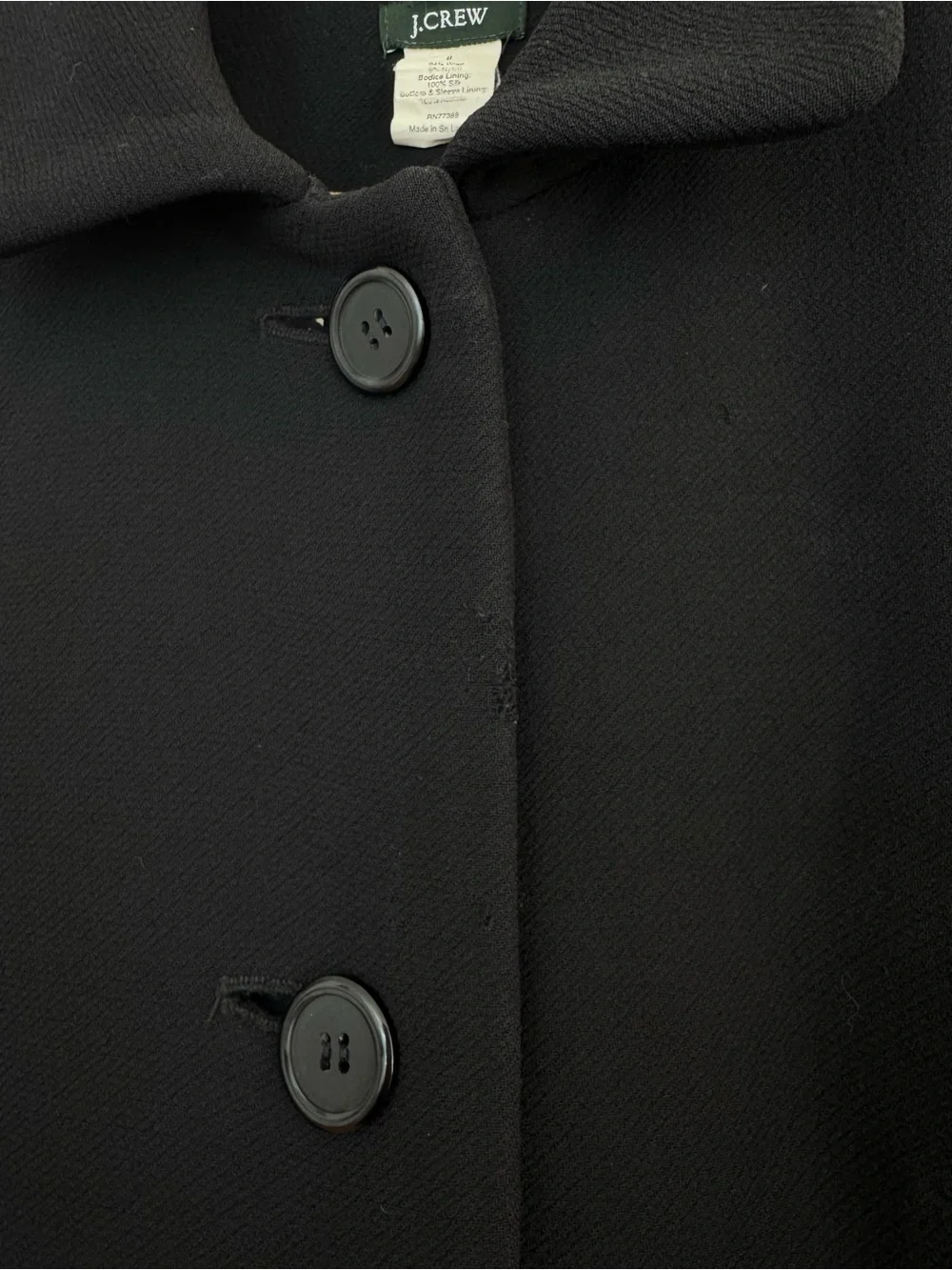 J. Crew Black Single-Breasted Wool & silk lining Pea Coat size 8